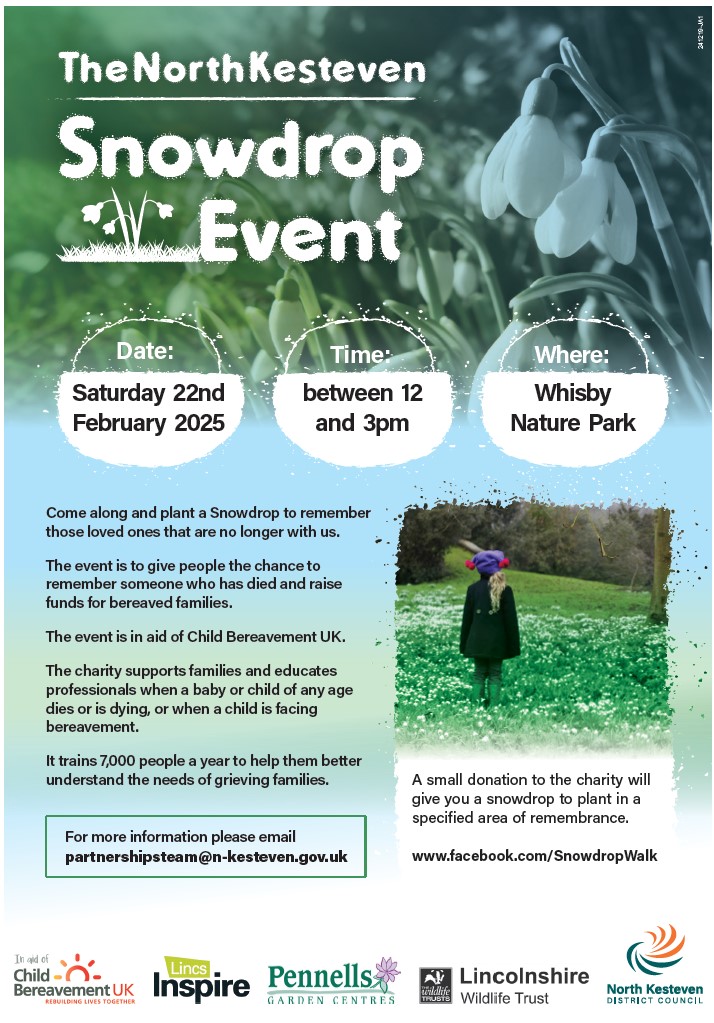 Snowdrop event poster for info please email partnershipsteam@n-kesteven.gov.uk